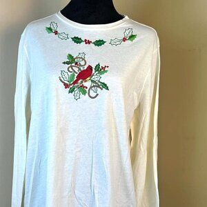 Christmas Embroidered Cardinal Long Sleeve T Shirt Holiday Festive Celebration